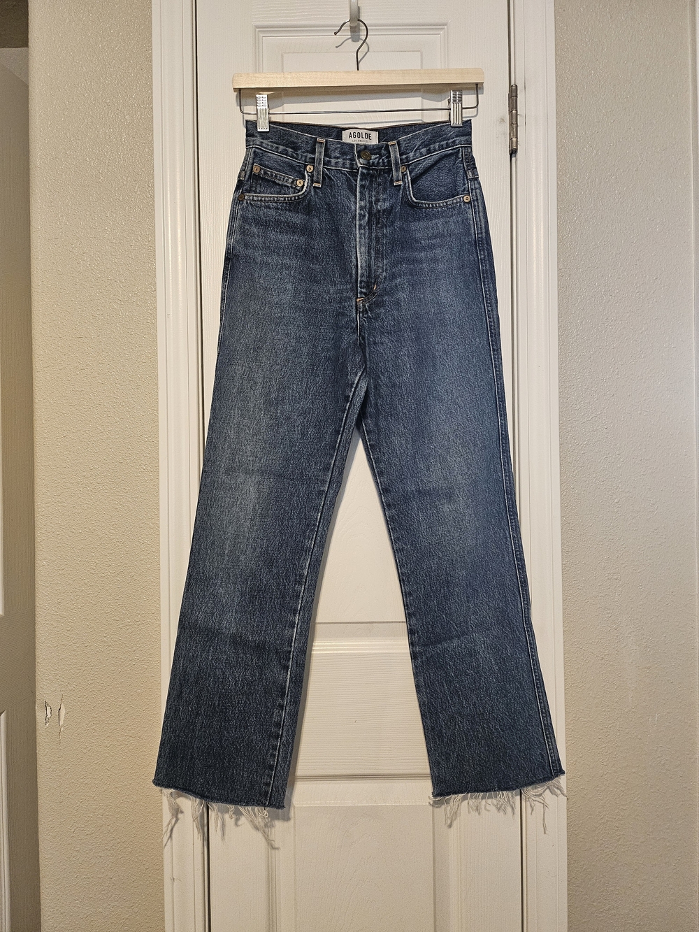 Agolde Medium Blue Denim Jeans with Brass Button.Straight Leg Pants 100%cotton